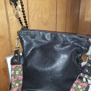 Black Leather Women's Bag with Floral Strap